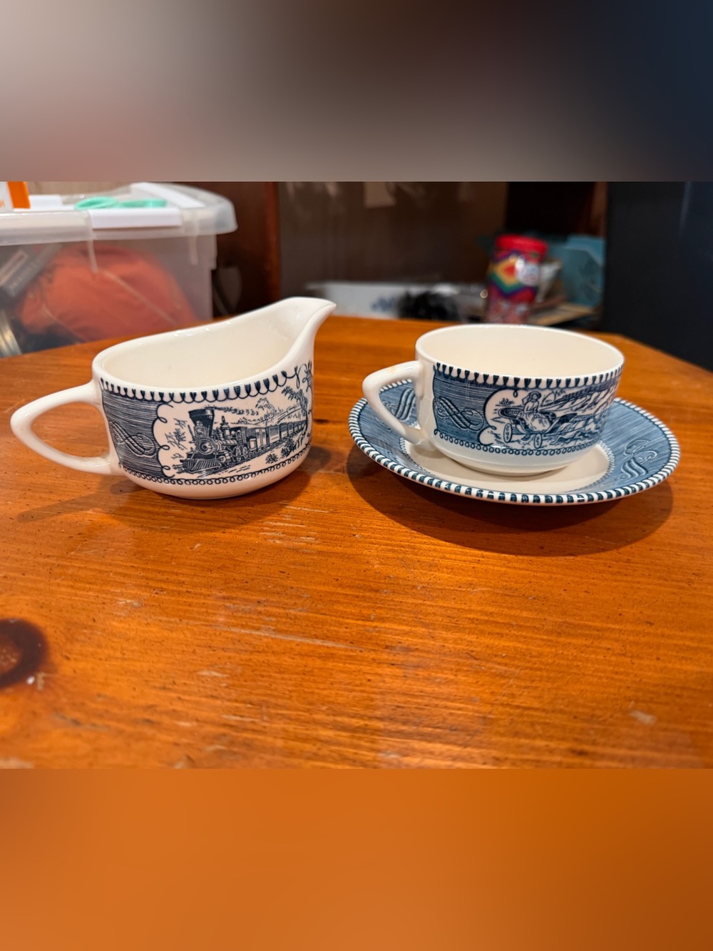 Blue and White Currier and Ives Creamer and Teacup Set